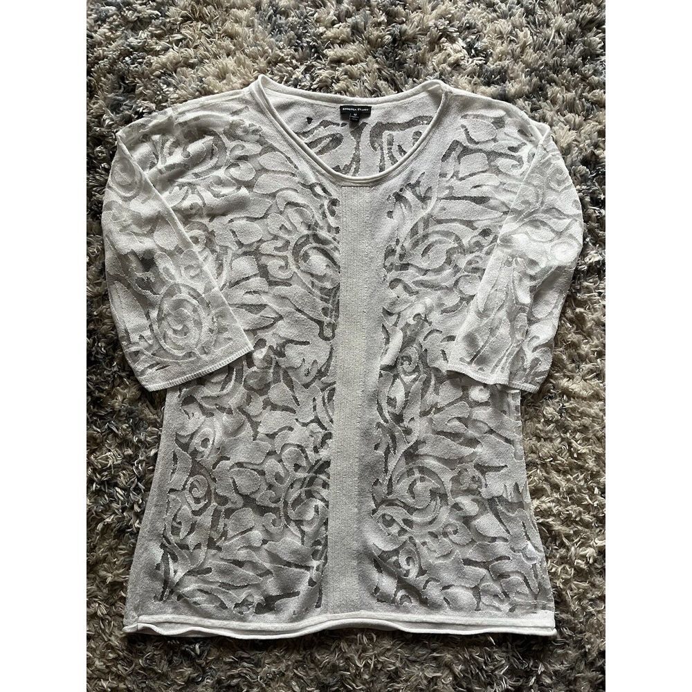 Rebecca Elliot White Embroidered Knit Sheer Blouse Sz M Viscose Blend
